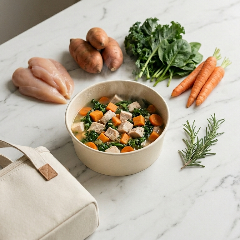 Dish of food on a marble surface with 'Woof & Cook' branding.