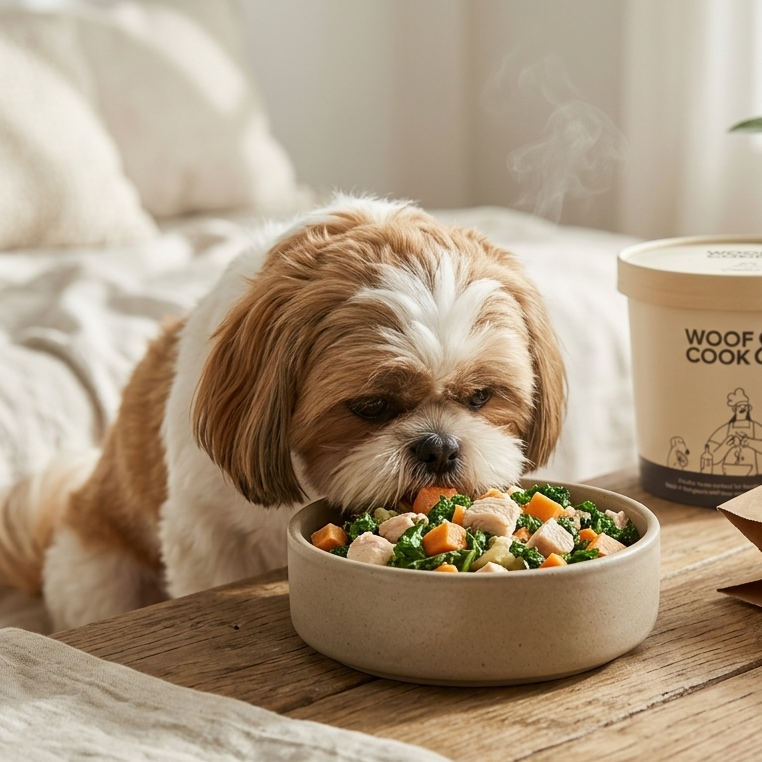 Dog eating from a bowl of food with a container labeled 'Woof & Cook' in the background.