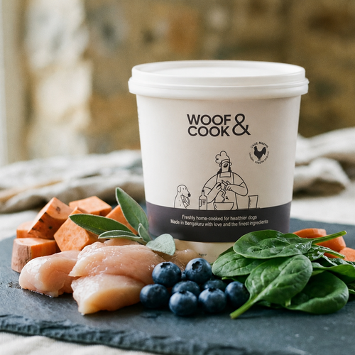 Container of 'Woof & Cook' pet food with fresh ingredients on a slate surface.