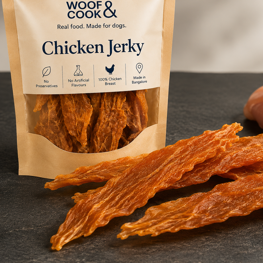 Woof & Cook Chicken Jerky package with dried chicken pieces on a dark surface