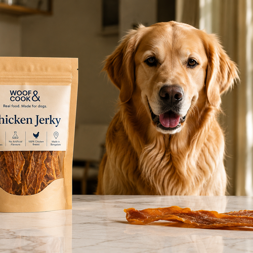 Dog with a package of Woof & Cook Chicken Jerky on a kitchen counter