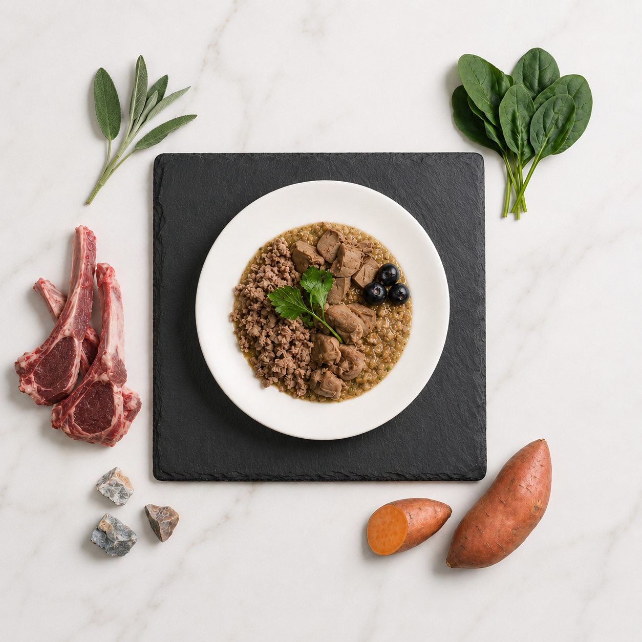 Dish of food on a black slate with raw lamb, sweet potato, and greens on a marble surface