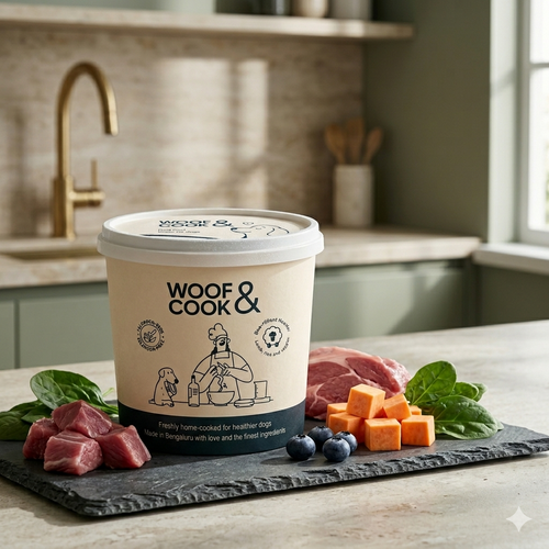 Container of 'Woof & Cook' pet food on a kitchen counter with ingredients like lamb and vegetables.