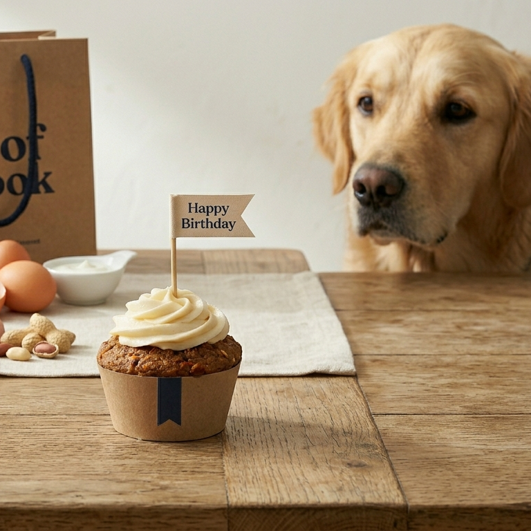 Dog looking at a cupcake with a 'Happy Birthday' sign on a wooden table.