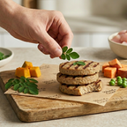 Person preparing a meal with grilled patties, vegetables, and chicken on a wooden cutting board.