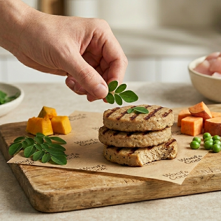 Person preparing a meal with grilled patties, vegetables, and chicken on a wooden cutting board.