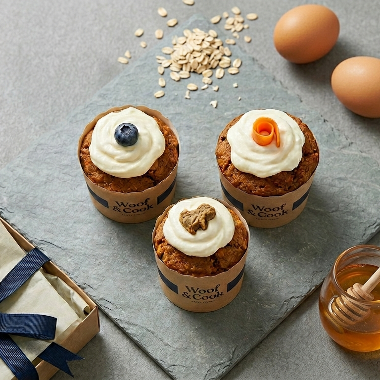 Three cupcakes with cream toppings on a gray surface with oats, honey and eggs.